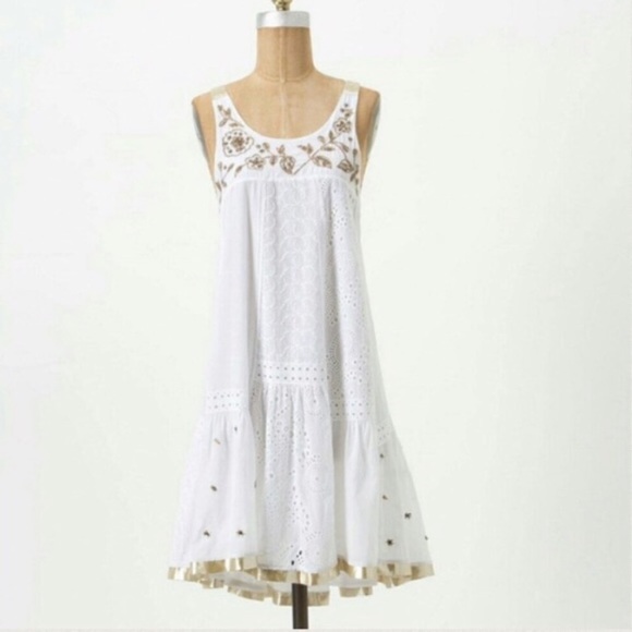 Anthropologie Leifsdottir LEIFNOTES Hi-Lo white Eyelet Gold Beaded Dress, Sz 6 - Picture 2 of 16
